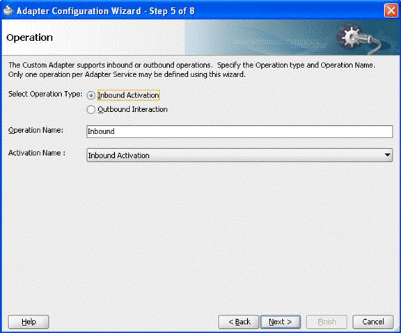 Description of "Figure 2-5 Adapter Configuration Wizard Displaying Operation Name and Activation Translated Display Name for an Inbound Operation" follows