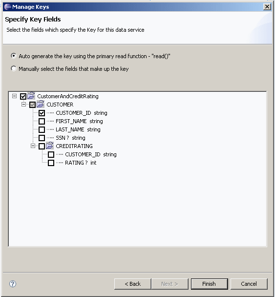 Select the fields that specify the Key for the data service.