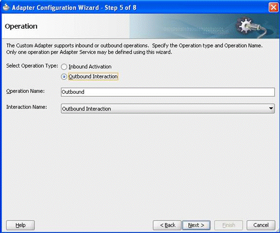 Description of "Figure 2-6 Adapter Configuration Wizard Operation Screen Displaying Outbound Interaction with Operation Name and Interaction Name" follows
