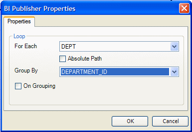 BI Publisher Properties dialog for the Departments repeating groups