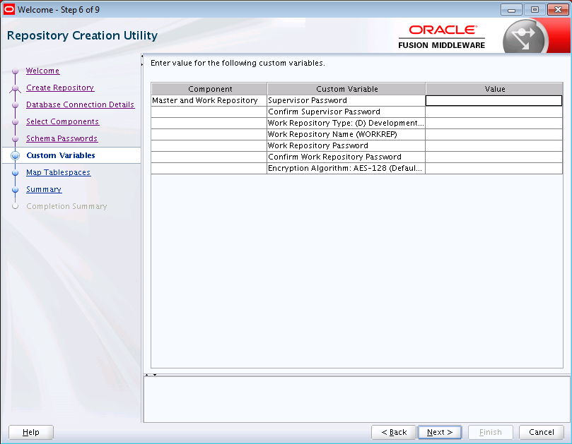 Description of the RCU Custom Variables for Oracle Data Integrator Screen follows