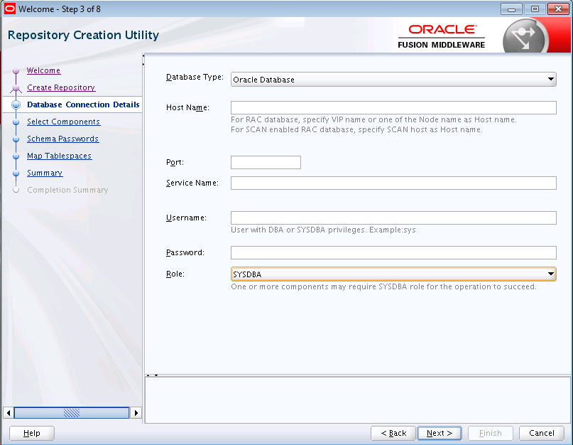 Description of the RCU Database Connection Details Screen follows