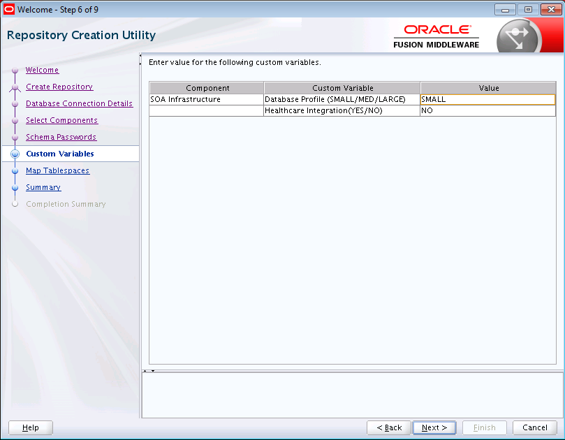 Description of the RCU Custom Variables for Oracle SOA Suite Screen follows