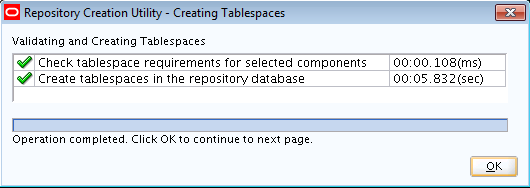 Description of the RCU Creating Tablespaces Screen follows