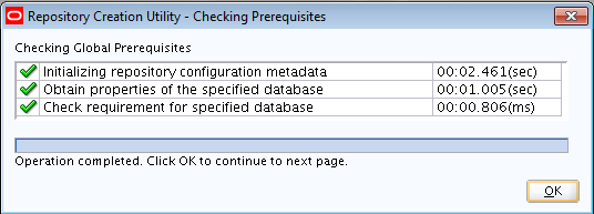 Description of the RCU Checking Database Prerequisites Screen follows