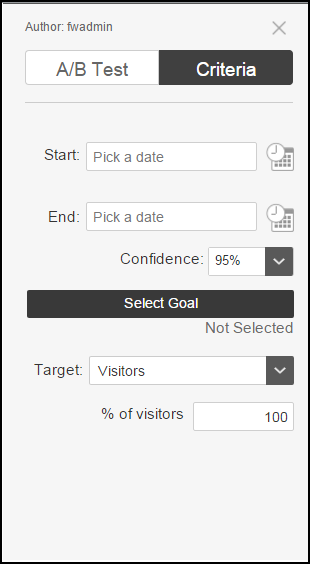 A/B Test Criteria Pane with start and end, visitor, confidence, conversion, and target controls