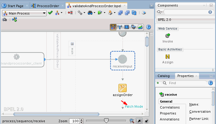 Patch Mode label appears on BPEL editor.