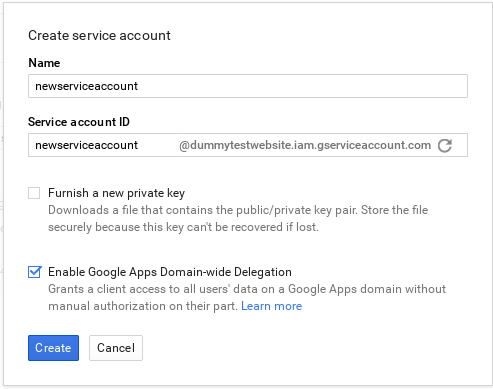 Shows the Create service account dialog with a sample name and Id.