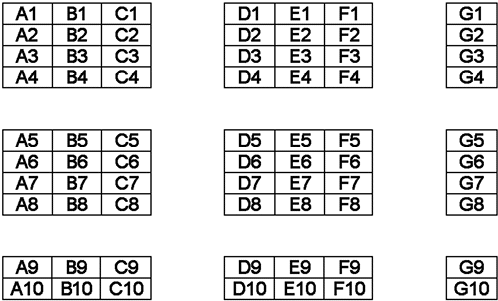 Sample 7 x 10 spreadsheet split up in 3 x 4 Grids