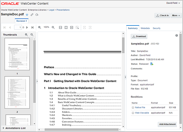 Oracle WebCenter Content Document View Page