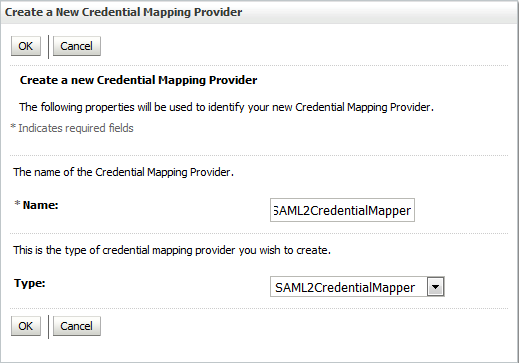 The images shows the Create a New Credential Mapping dialog with Name and Type field.