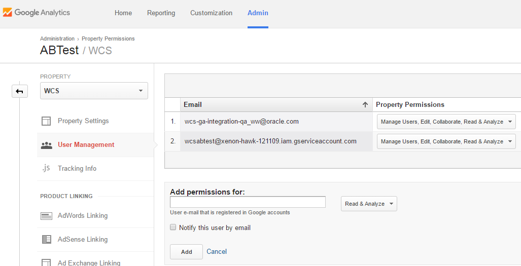 Shows the ABTest page on which you can add permissions for your service email address and the email address.