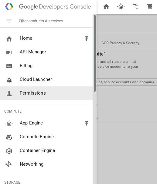 In the Google Developers Console, the Permissions option is selected on the left-hand side.