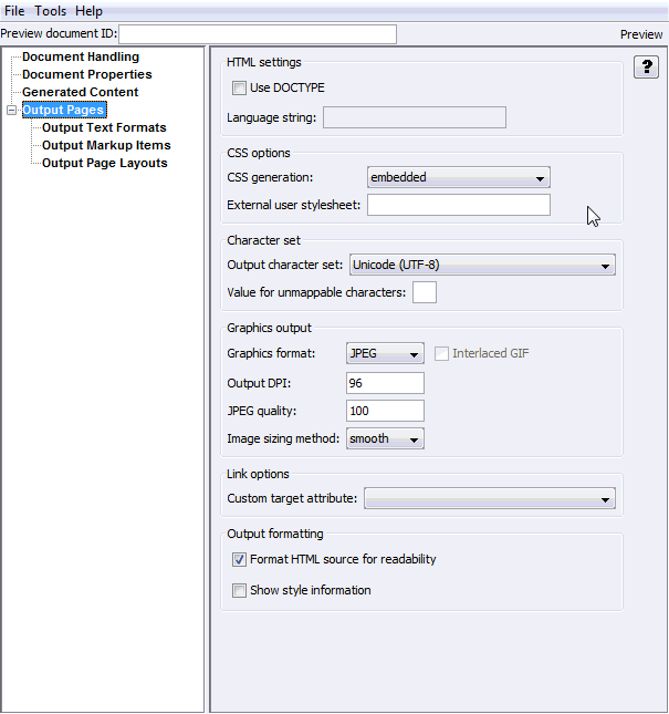 This is the Output Pages page