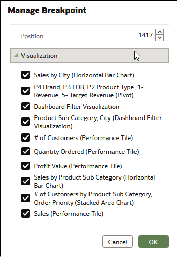 Utilizzare la finestra di dialogo Gestisci breakpoint per escludere o includere le visualizzazioni e i filtri dashboard dallo sfondo per questo breakpoint.