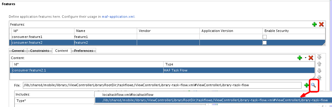 Shows how you select a task flow from a shared library by clicking the Browse icon beside the File input field in the Content view of a MAF Task Flow application feature.