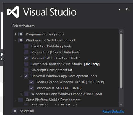 The Select features list in the installation wizard for Visual Studio where you select Universal Windows App Development Tools and Windows 10 SDK.