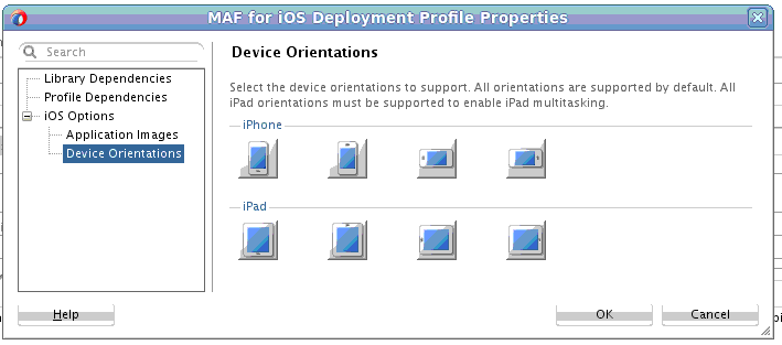 Device Orientation page where you select the orientations (for example, iphone) you want the MAF application to support.