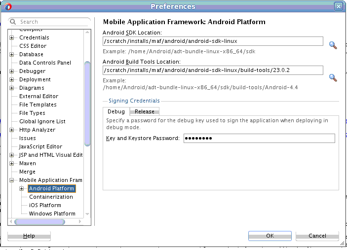 The page in the Preferences dialog where you configure the Android SDK and build tools locations.