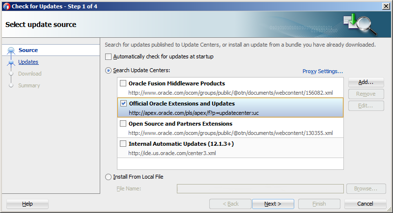 The Check for Updates dialog where you select the update source to download and install the MAF extension.