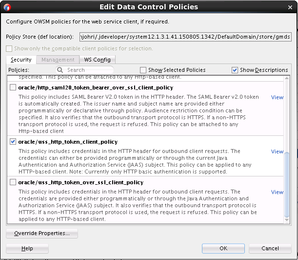 Shows the Edit Data Control Policies dialog where you can override a security policy property