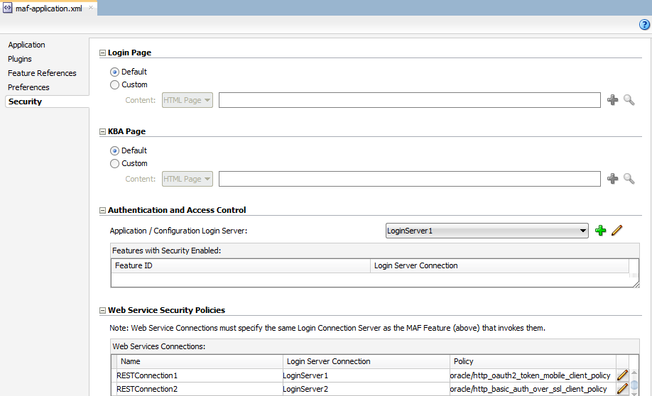 Displays the Web Service Security Policies section in the Security page of the overview editor for the maf-application.xml where a number of policies have been associated with a REST service connection and a login server connection.