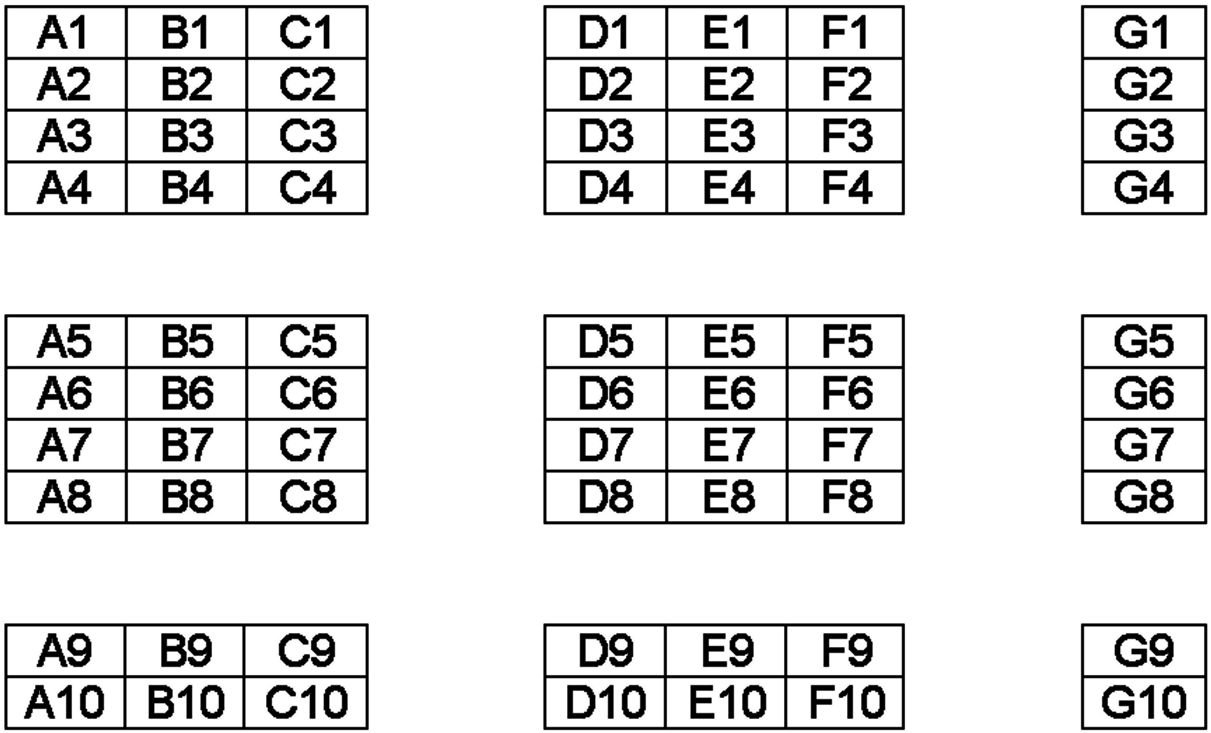 This shows the spreadsheet broken into 3x4 grids.