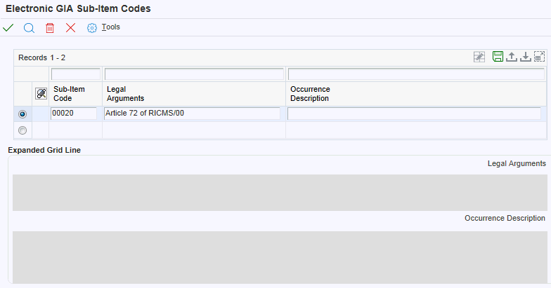 Tela Códigos de Subitem  GIA Eletrônica