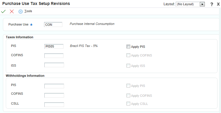 Tela Revisão de Configuração de Impostos sobre Uso da Compra