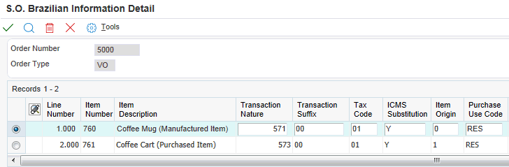 Tela Detalhes das Informações de Pedido de Vendas - Brasil