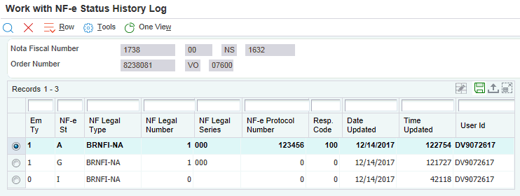 Tela Acesso a Histórico de Status da NF-e