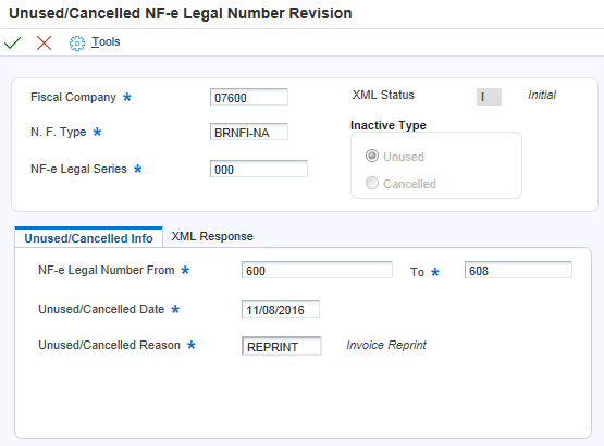 Tela Revisão dos Números Legais da NF-e Não Utilizada/Cancelada - guia Informações de Não Utilizadas/Canceladas