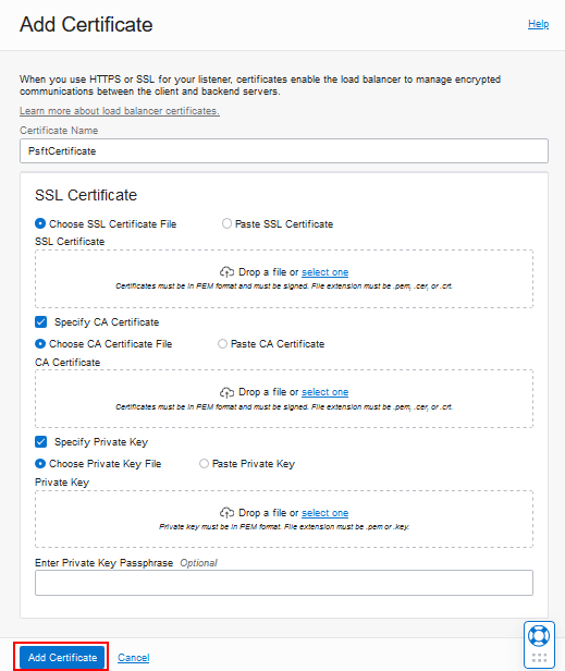Adicionar Certificado, página