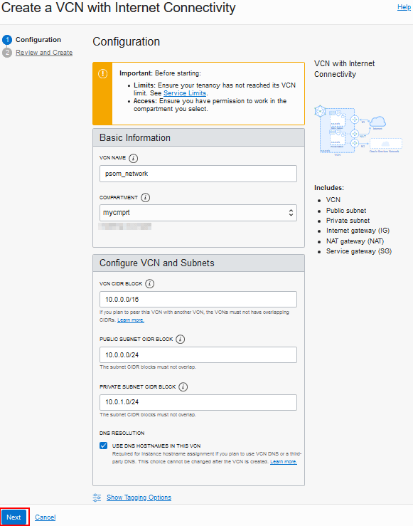 Página Create a VCN com Conectividade da Internet
