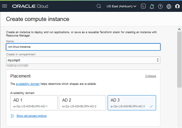 Parte superior da página Criar instância de computação