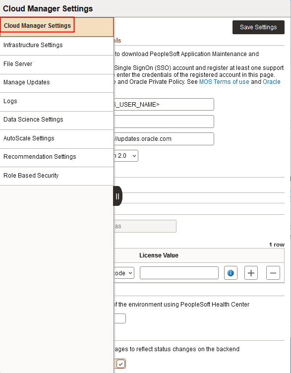 Página Definições do Cloud Manager