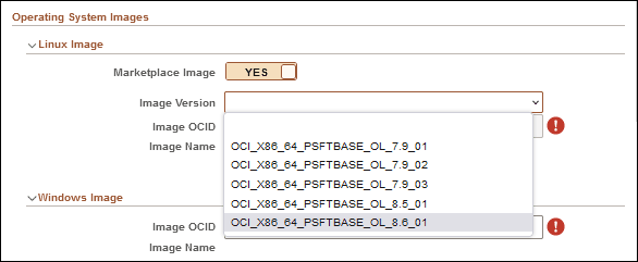 Seção Imagem do Linux na página Definições de Infraestrutura