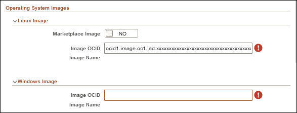Seção de imagem do Linux na página Definições de Infraestrutura