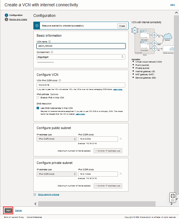Página Create a VCN com Conectividade da Internet