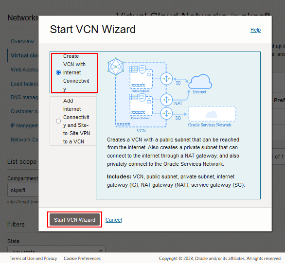 Caixa de diálogo Iniciar Assistente de VCN