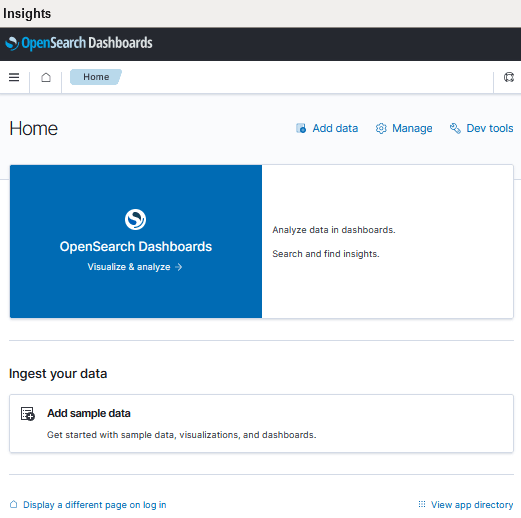 Página Insights, home page dos Painéis de Controle OpenSearch