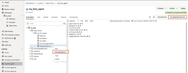 Guia Code Editor do código do agente aberta com um arquivo selecionado. Definir dependência e Definir arquivo de dependências são destacados
