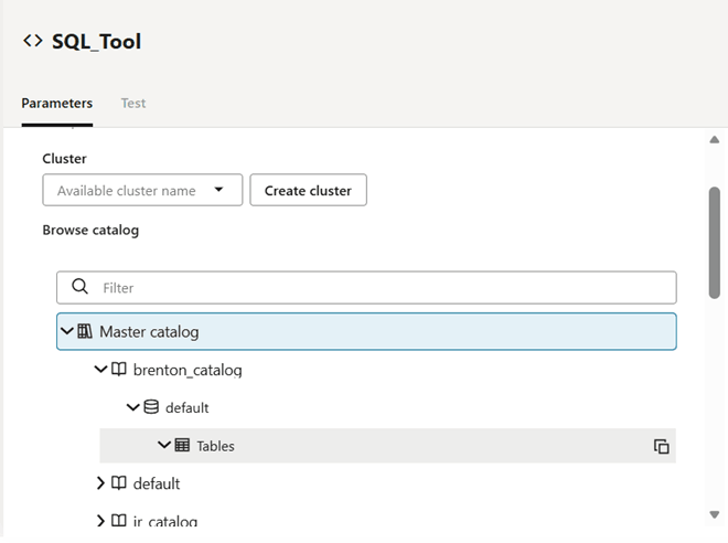 Painel Configuração do nó da ferramenta SQL cortado para o campo Procurar catálogo.