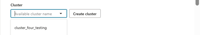 Painel Configuração do nó da ferramenta SQL cortado no menu suspenso Seleção de cluster.