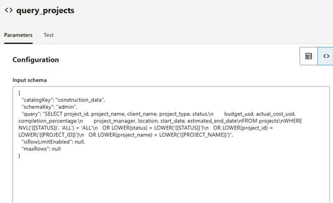 O painel Configuração do nó da ferramenta SQL está aberto para a guia Parâmetros. A Exibição de Código é selecionada e o campo do esquema de Entrada exibe o código de exemplo.