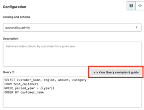 A página de configuração da Ferramenta SQL é exibida. Os exemplos e o botão de guia Exibir Consulta são destacados.