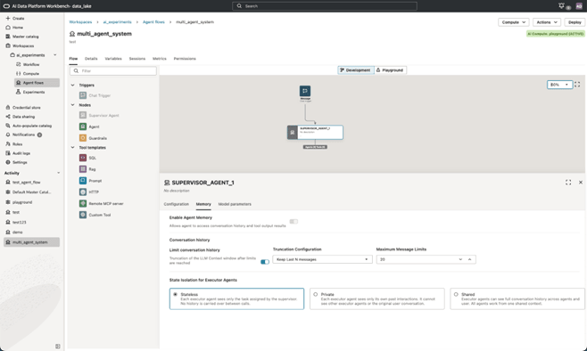 A tela do Visual Builder é exibida. Um agente supervisor é selecionado e a guia Memória é exibida.