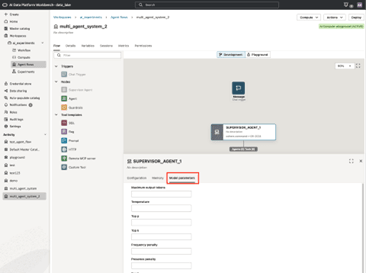 A tela do Visual Builder é exibida. Um agente supervisor é selecionado e a guia de parâmetros do modelo é exibida.