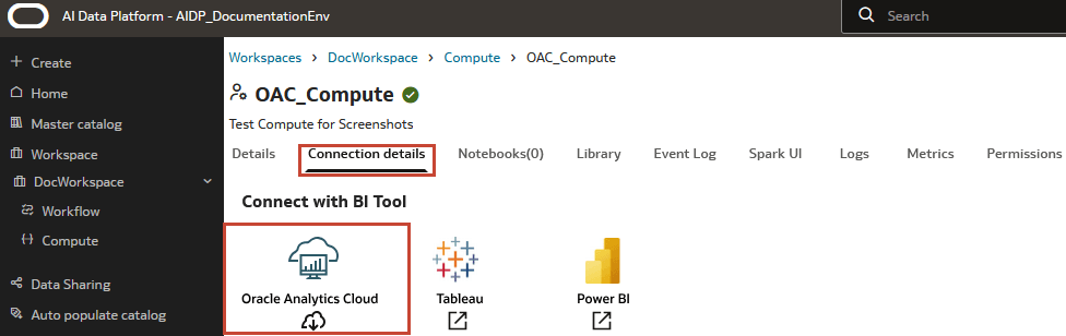 Página de computação do cluster Cluster_High aberta com a guia Detalhes da conexão e o download do Oracle Analytics Cloud destacado