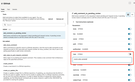 A página de configuração da ferramenta de servidor MCP remoto é exibida. A guia Ferramentas é selecionada. No painel direito, o parâmetro do repositório é realçado e o valor é oracle-aidp-samples. É rebocada.